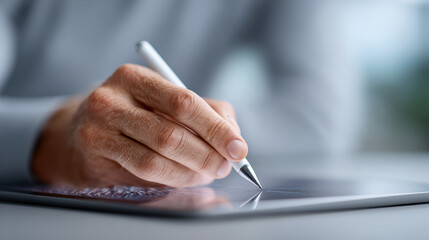 Fototapeta premium Focused neurodiverse person hand writing on digital tablet with stylus. Concept of creativity and technology in modern workplace