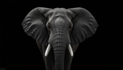 A powerful, front-facing black and white portrait of a majestic African elephant with tusks against a solid black background.