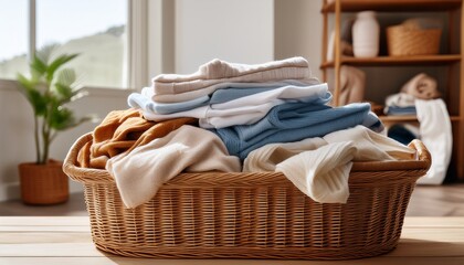 laundry basket full of clean clothes in a home