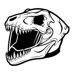 Detailed black and white Tyrannosaurus Rex skull, prehistoric dinosaur fossil