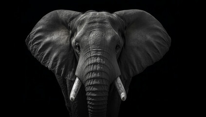 A powerful black and white portrait of an African elephant staring directly forward on a black background.