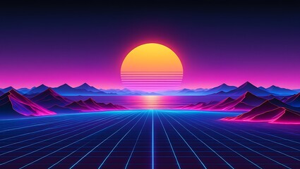 A retro synthwave sunset over a neon grid landscape with mountains and sea