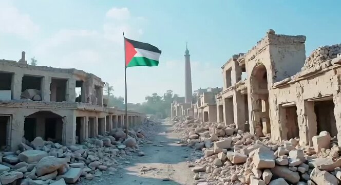 a Palestinian flag waving against a bright sky, atop the rubble of a damaged stone building in Gaza.