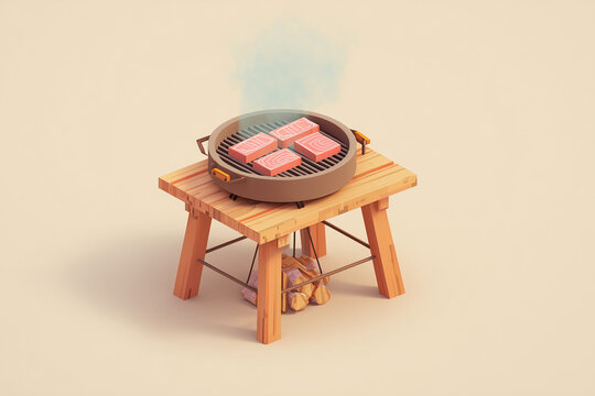 3d tabletop grill with sizzling meat slices and rising smoke on wooden stand, Outdoor cooking scene showcasing rustic barbecue in warm cozy setting.
