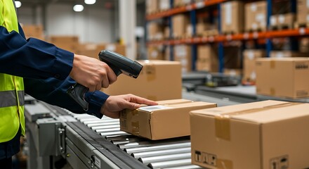 A logistics worker scans cardboard packages moving along an automated conveyor belt inside a busy distribution warehouse.