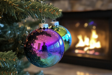 Beautiful Christmas holiday frame of Christmas tree and gift boxes