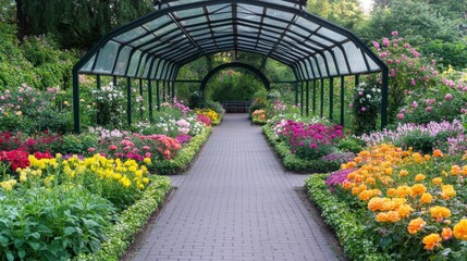 Flower-filled garden path under glass roof