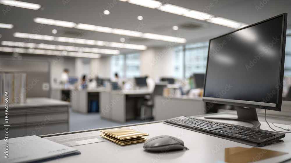 Poster modern office workspace with computer and organized desk items