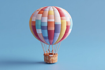 Naklejka premium 3d pastel hot air balloon with floating clouds and woven basket in soft sky, Whimsical travel scene showcasing dreamy airborne adventure in gentle tones. 