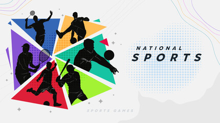 Fototapeta premium Colorful vector illustration of various sports silhouettes including badminton, tennis, soccer, baseball, and basketball, arranged in geometric shapes, perfect for National Sports Day celebrations.