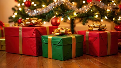 Festive christmas gifts under a decorated tree with ornaments and glowing lights creating a warm atmosphere