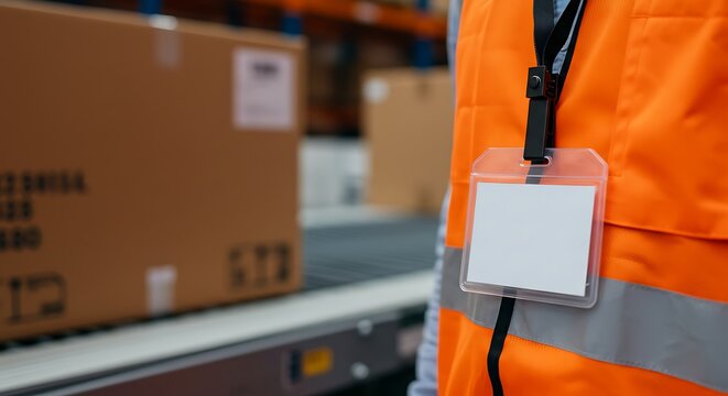 A warehouse worker in a high-visibility vest with a blank ID badge stands by a conveyor belt with a cardboard box.