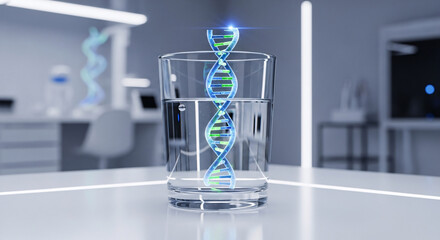Glowing DNA helix in a glass of water, a futuristic concept for genetic research, personalized medicine, and biotechnology. Abstract science lab background for healthcare innovation and DNA analysis.