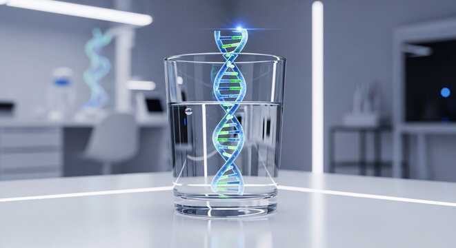 Glowing DNA helix in a glass of water, a futuristic concept for genetic research, personalized medicine, and biotechnology. Abstract science lab background for healthcare innovation and DNA analysis.
