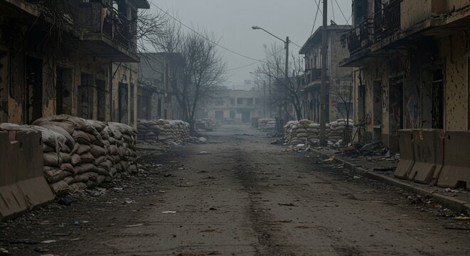Empty war-torn street with sandbag barricades and damaged buildings, AI generated