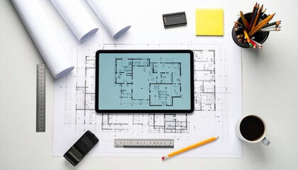 Modern architect's desk with digital tablet showing floor plan, blueprints, and drafting tools