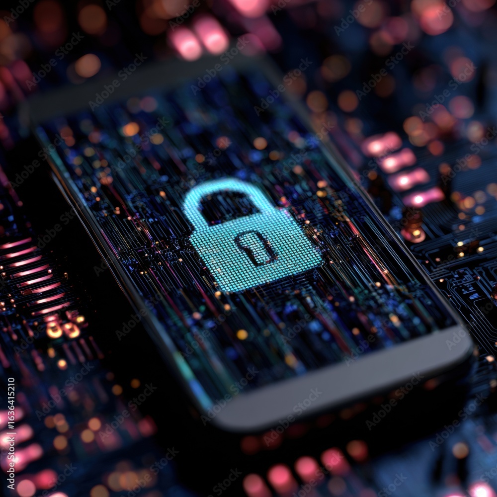 Poster digital security concept with smartphone and lock icon on screen
