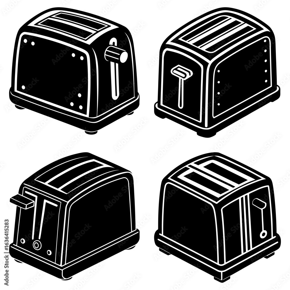Aufkleber four toaster illustrations in black and white showing different toaster styles and perspectives in a