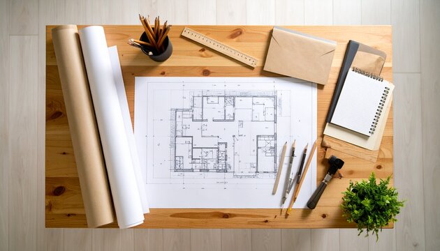A realistic flat lay of an architect's desk with a floor plan blueprint, drawing tools, and rolled papers