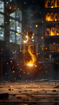 Magical golden elixir glows within glass bottle on rustic wooden table, enchanting fantasy potion