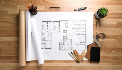 Top-down view of an architect's desk with a detailed house floor plan, drafting equipment, and office essentials.