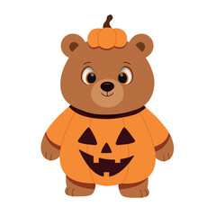 Cute cartoon smiling brown bear wearing an adorable pumpkin costume, with hat. Vector baby bear mascot in festive Halloween vibe, perfect for stickers, cards, and decorations.
