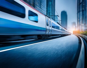 Naklejka premium ultra fast railway train blurred motion perspective speed and dynamics of big city urban car traffic concept creative background