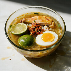 A delicious and spicy bowl of chicken noodle soup with a hard-boiled egg and lime.