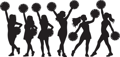 Six black silhouette cheerleaders with pom poms standing in a line cheerleading white background