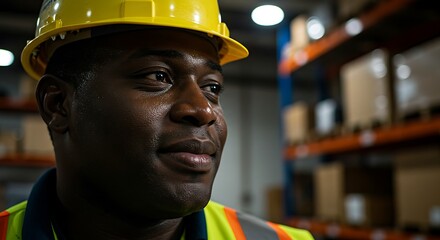 Portrait of a confident African American man in a hard hat and safety vest inside a warehouse.