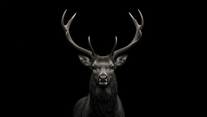 Naklejka premium A majestic dark stag with large, impressive antlers stares intensely from a solid black background.