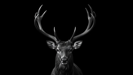 A majestic stag with large antlers stares directly at the camera in a dramatic black and white portrait.