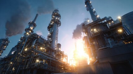 Industrial Complex at Sunset with Illuminated Towers and Smoke