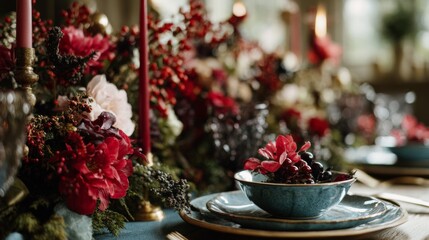 Festive holiday table setting with red flowers and candles