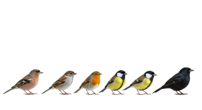 Seven vibrant European birds (Chaffinch, Sparrow, Robin, Great Tit, Goldfinch, Coal Tit, Blackbird) aligned on a transparent studio background with soft high-key lighting. Concept of diversity,