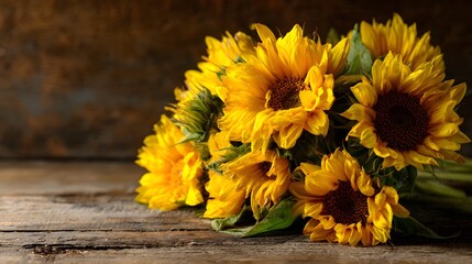 A bouquet of sunflowers on a rustic wooden surface.