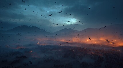 Dramatic Landscape of Dusk Over a Battlefield with Rising Smoke