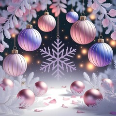 A Christmas card with a snowflake hanging in the center and Christmas tree balls.