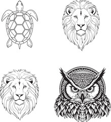 Black and White Animal Illustrations: Lion, Owl, Turtle Vector Designs