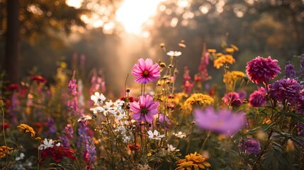 Naklejka premium Vibrant flowers in a meadow bathed in sunlight.