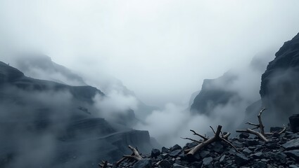 Fototapeta premium A misty mountain landscape with rocky terrain and dead branches in the foreground on a cloudy day