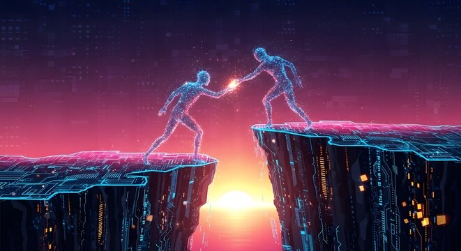 Dynamic digital figures reach across a chasm, symbolizing connection and collaboration in a futuristic neon cityscape