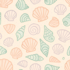 Artistic seamless pattern of handdrawn seashells in peach green and purple pastels with a textured crayonlike style.