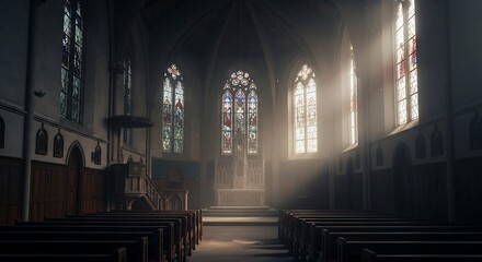 Sunlit Interior of a Historic Church with Stained Glass Windows