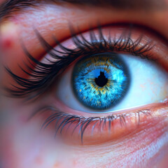 Fototapeta premium A close up of a human eye with striking blue iris and long eyelashes in detailed macro photography