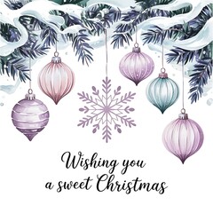 Watercolor illustration of Christmas tree ornaments in pastel colors, Christmas card.