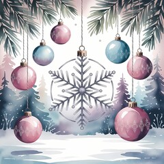 Watercolor illustration of Christmas tree ornaments in pastel colors, Christmas card.