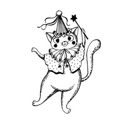 Cute cat wizard in a festive pointed hat with a tassel and a magic wand. Black and white line illustration in coloring style is perfect for Halloween, fairy tales and creative projects.