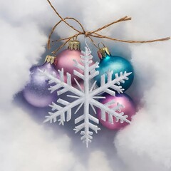 Watercolor illustration of Christmas tree ornaments in pastel colors, these ornaments are hanging on thin twine, white background, resembling snow.