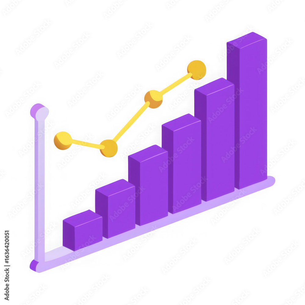 Poster 3d isometric bar chart with trend line showing upward growth isolated on transparent background